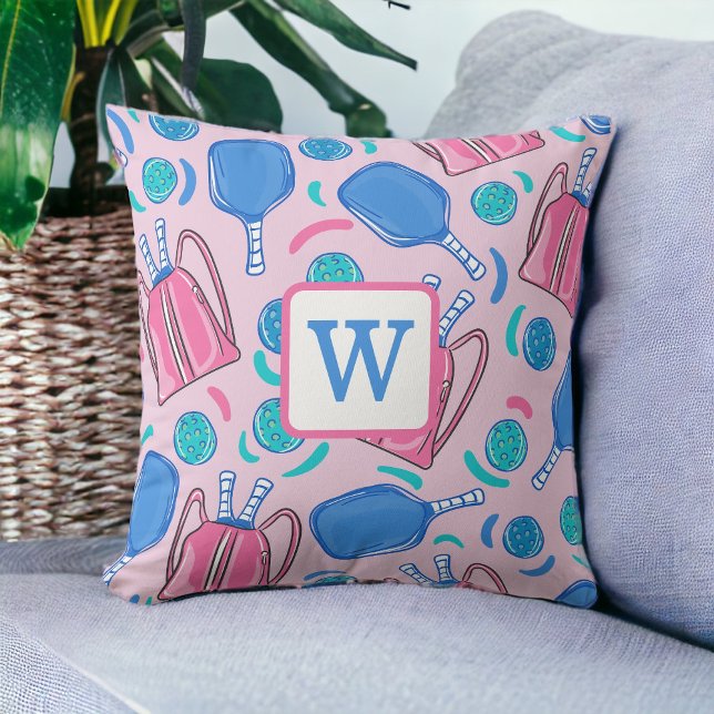 Pickleball Paddles and Balls Pink Preppy Initial Throw Pillow (Creator Uploaded)