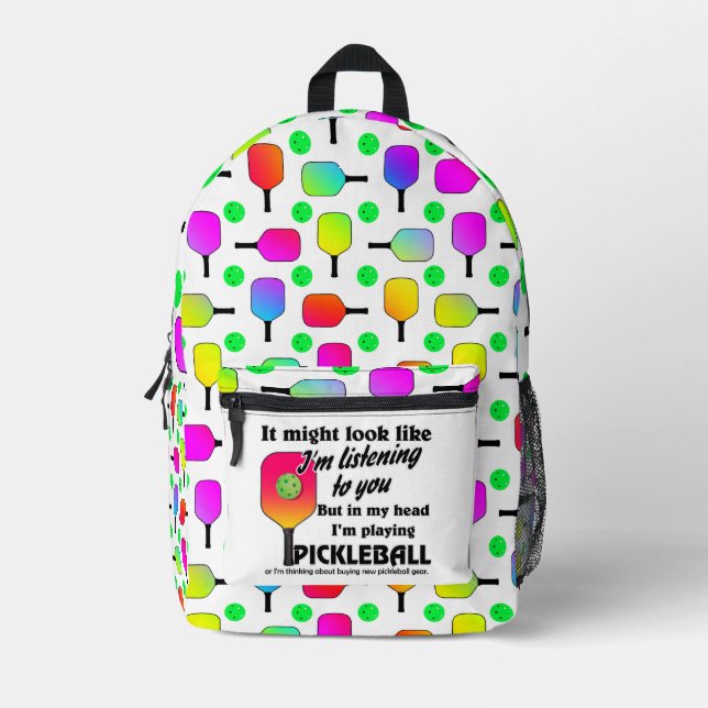 Pickleball Paddles and Balls Rainbow Pattern Printed Backpack (Front)