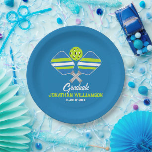 Pickleball Paddles Ball Blue Green Party Paper Plate