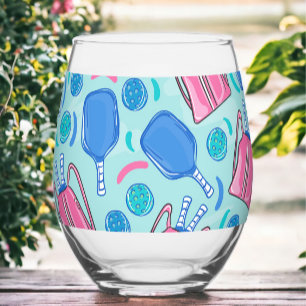Pickleball Paddles & Balls Blue Preppy  Stemless Wine Glass