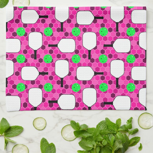 Pickleball Paddles Green Pickleballs Magenta Kitchen Towel (Folded)