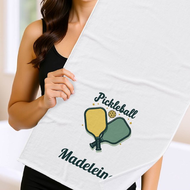 Pickleball Paddles Green Script Personalized Gift Bath Towel (pickleball gift personalized towel paddles ball name retro calligraphy modern vintage chic)