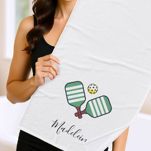 Pickleball Paddles Green Stripes Personalized Gift Bath Towel