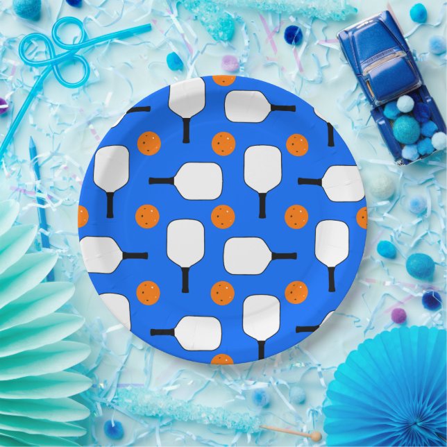 Pickleball Paddles, Orange Pickleball Balls, Blue Paper Plate (Party)