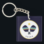 Pickleball Paddles Personalized Name Blue Yellow K Keychain<br><div class="desc">The pickleball player or fan in your life will love this keychain featuring striped blue,  teal,  rust and yellow pickleball paddles. Name is customizable. Part of a collection from Parcel Studios.</div>