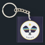 Pickleball Paddles Personalized Name Blue Yellow K Keychain<br><div class="desc">The pickleball player or fan in your life will love this keychain featuring striped blue,  teal,  rust and yellow pickleball paddles. Name is customizable. Part of a collection from Parcel Studios.</div>