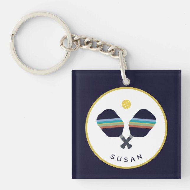 Pickleball Paddles Personalized Name Blue Yellow K Keychain (Front)