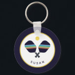 Pickleball Paddles Personalized Name Blue Yellow Keychain<br><div class="desc">The pickleball player or fan in your life will love this keychain featuring striped blue,  teal,  rust and yellow pickleball paddles. Name is customizable. Part of a collection from Parcel Studios.</div>