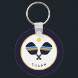 Pickleball Paddles Personalized Name Blue Yellow Keychain<br><div class="desc">The pickleball player or fan in your life will love this keychain featuring striped blue,  teal,  rust and yellow pickleball paddles. Name is customizable. Part of a collection from Parcel Studios.</div>