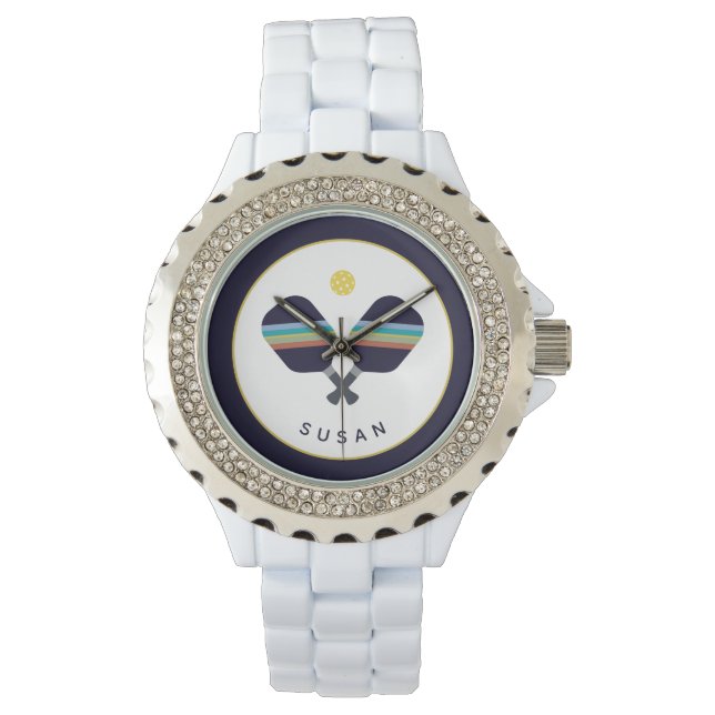 Pickleball Paddles Personalized Name Blue Yellow Watch (Front)