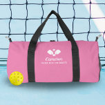 Pickleball Paddles Personalized Name Custom Text Duffle Bag<br><div class="desc">The perfect pickleball bag for all your gear - design features crossed Pickleball Paddles, a ball and 2 lines of custom text. Add your name, monogram, team name or truly any custom text. Perfect for carrying your paddles, balls, snack, water bottle, etc. Easily change the colours to suit your style....</div>