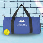 Pickleball Paddles Personalized Name Custom Text Duffle Bag<br><div class="desc">The perfect pickleball bag for all your gear - design features crossed Pickleball Paddles, a ball and 2 lines of custom text. Add your name, monogram, team name or truly any custom text. Perfect for carrying your paddles, balls, snack, water bottle, etc. Easily change the colours to suit your style....</div>