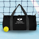 Pickleball Paddles Personalized Name Custom Text Duffle Bag<br><div class="desc">The perfect pickleball bag for all your gear - design features crossed Pickleball Paddles, a ball and 2 lines of custom text. Add your name, monogram, team name or truly any custom text. Perfect for carrying your paddles, balls, snack, water bottle, etc. Easily change the colours to suit your style....</div>