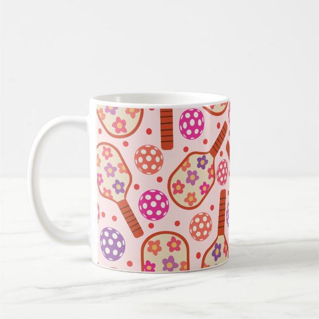 Pickleball Paddles with Retro Flowers Pattern  Coffee Mug (Left)
