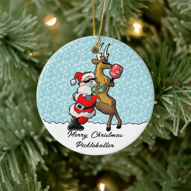 Pickleball Partners Santa & Reindeer Sleighing It Ceramic Ornament (Tree)