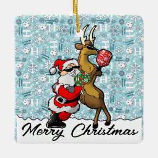 Pickleball Partners Santa & Reindeer Sleighing It Ceramic Ornament