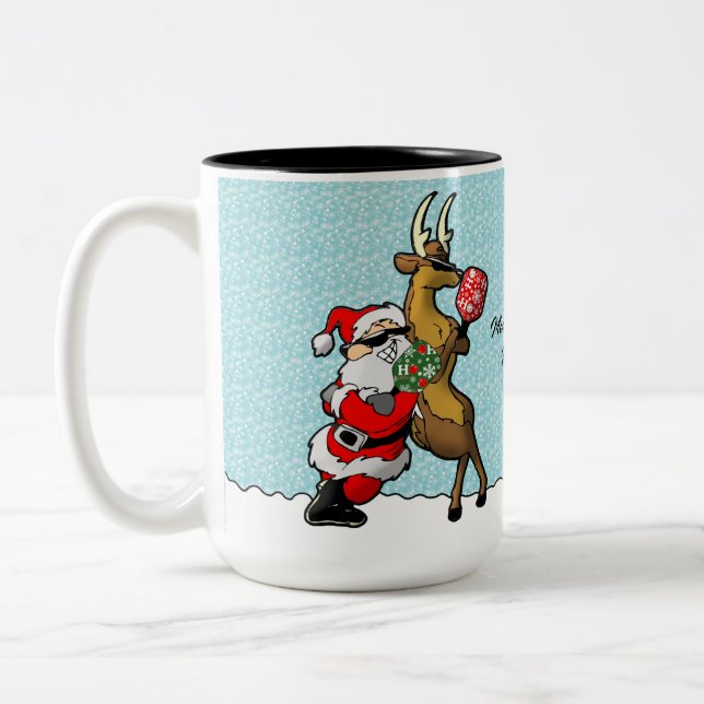 Pickleball Partners Santa & Reindeer Sleighing It Two-Tone Coffee Mug (Left)