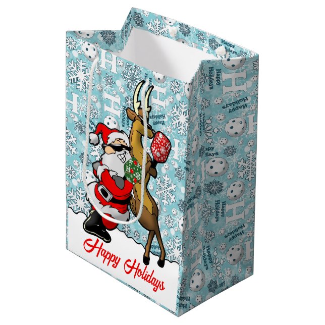 Pickleball Partners Santa & Reindeer Snowflakes Medium Gift Bag (Front Angled)