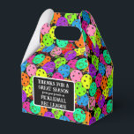 Pickleball Party Balloons on Black Thank You Favor Box<br><div class="desc">Pickleball party, personalized, end of season rec league, pickleball tournament thank you favours. Festive pickleball party gift favour box bag for any pickleball player with colourful confetti and pickleball balloons on a black background. Blue, red, bright green, yellow, pink, and purple balloons made from pickleball balls. Colourful pickleball-themed birthday, anniversary,...</div>