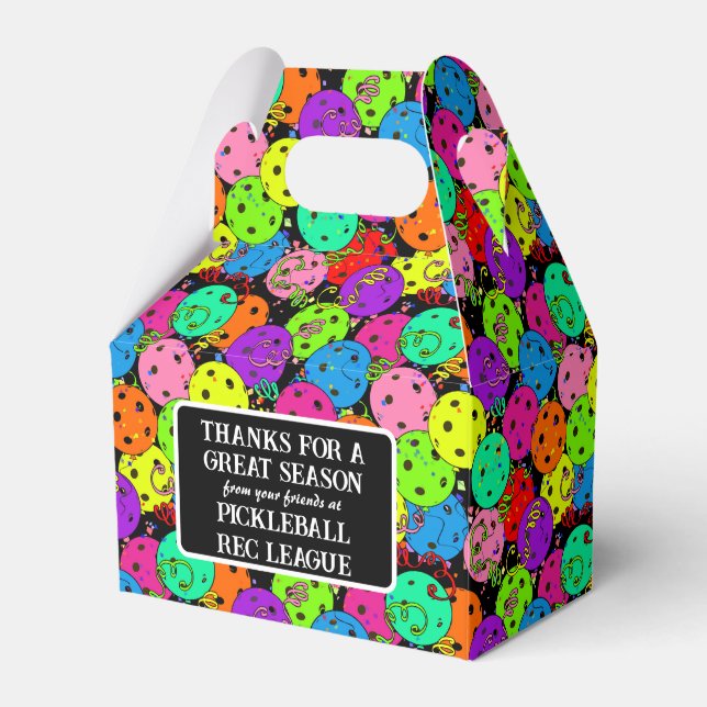 Pickleball Party Balloons on Black Thank You Favor Box (Front Side)
