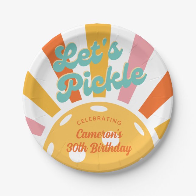 Pickleball Party Colourful Retro Sun burst Stripes Paper Plate (Front)
