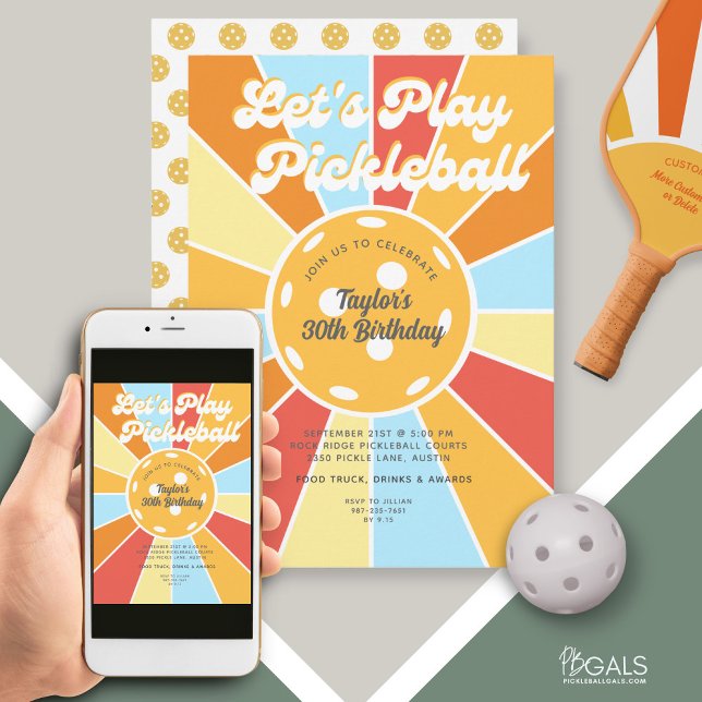 Pickleball Party Cool Retro Sunburst Stripes  Invitation (Creator Uploaded)