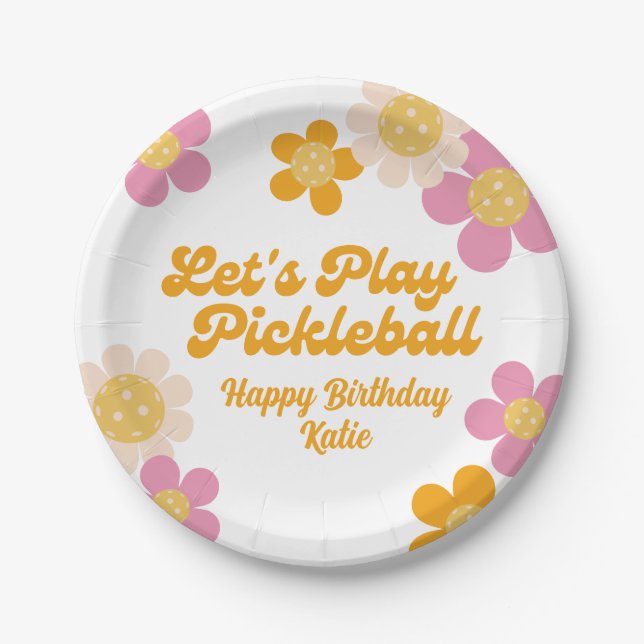 Pickleball Party Groovy Retro Pink Orange Flowers  Paper Plate (Front)