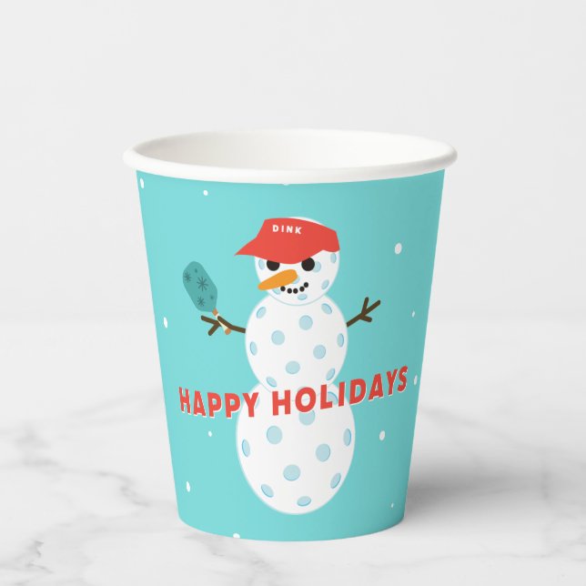 Pickleball Party Humourous Holiday Snowman Paper Cups (Front)