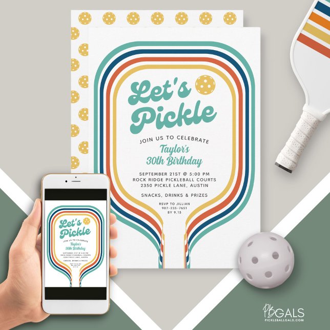 Pickleball Party Let's Pickle Retro Rainbow Stripe Invitation (Creator Uploaded)