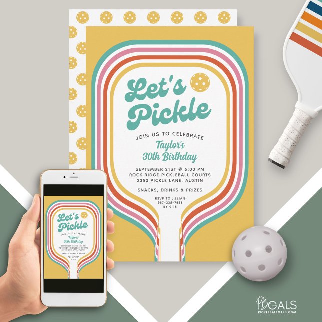 Pickleball Party Let's Pickle Retro Rainbow Stripe Invitation (Creator Uploaded)