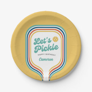 Pickleball Party Let's Pickle Retro Rainbow Stripe Paper Plate