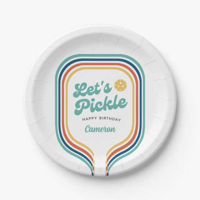 Pickleball Party Let's Pickle Retro Rainbow Stripe Paper Plate (Front)