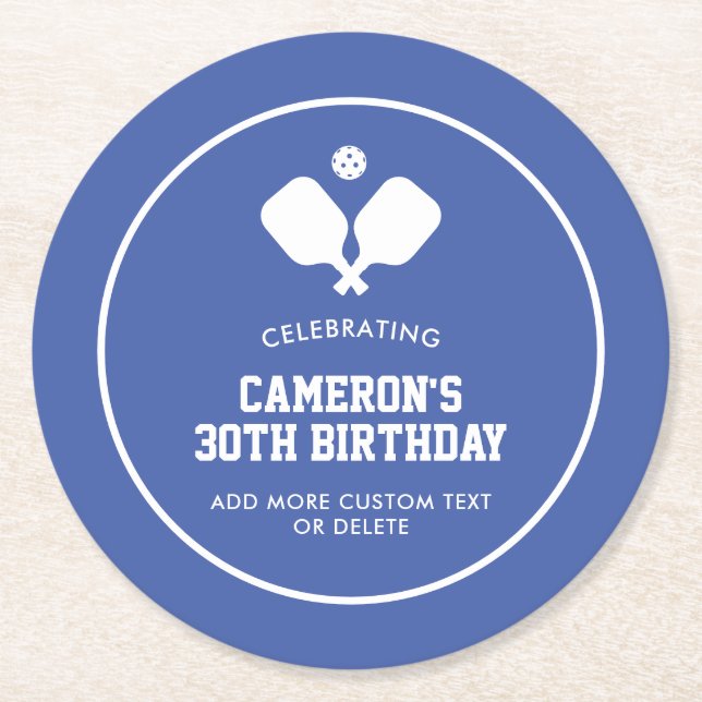 Pickleball Party Paddles Blue White Custom Round Paper Coaster (Front)