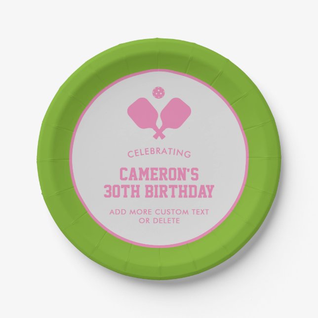 Pickleball Party Paddles Pink Green Custom Paper Plate (Front)