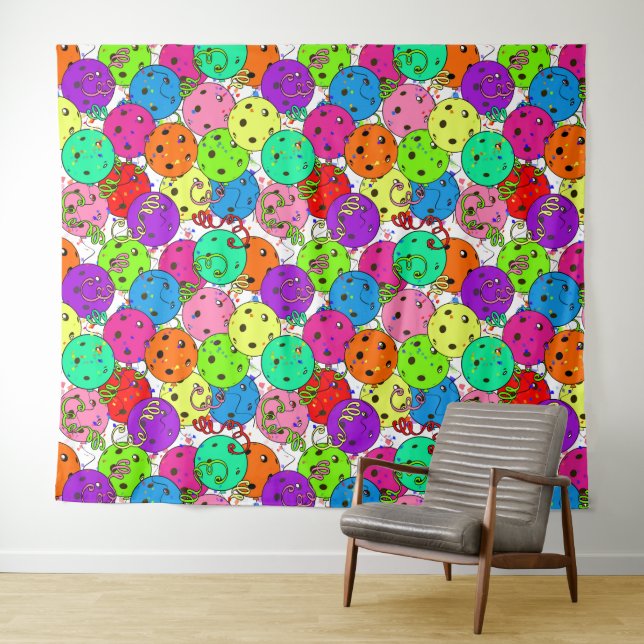 Pickleball Party Pickleball Balloons on White Tapestry (In Situ (Horizontal))