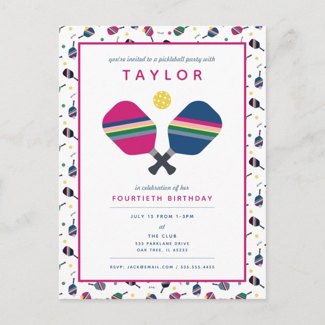 Pickleball Party Sports Blue Pink Invitation (Devant)