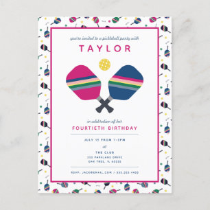 Pickleball Party Sports Blue Pink Invitation Postcard
