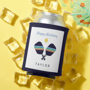 Pickleball Party Sports Dark Blue Striped Paddles  Can Cooler