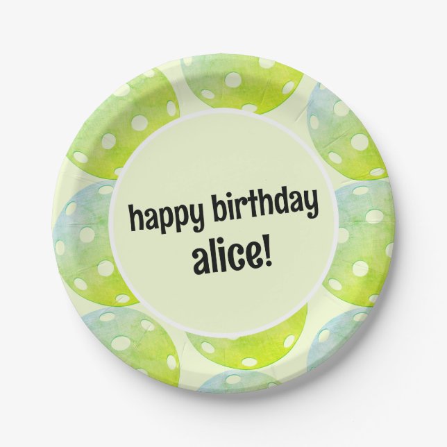 Pickleball Party Sports Green Custom Name Paper Plate (Front)