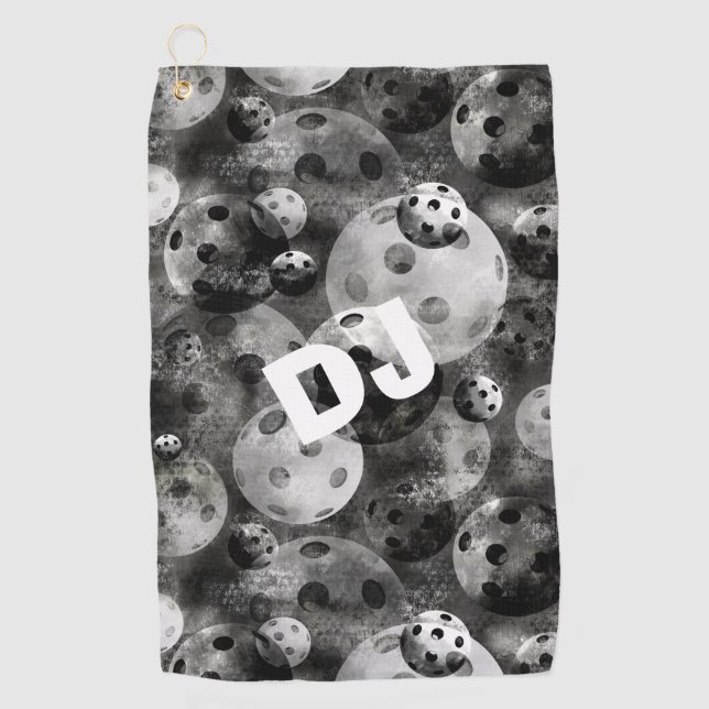 Pickleball Pattern Gray Initials Golf Towel (Front)