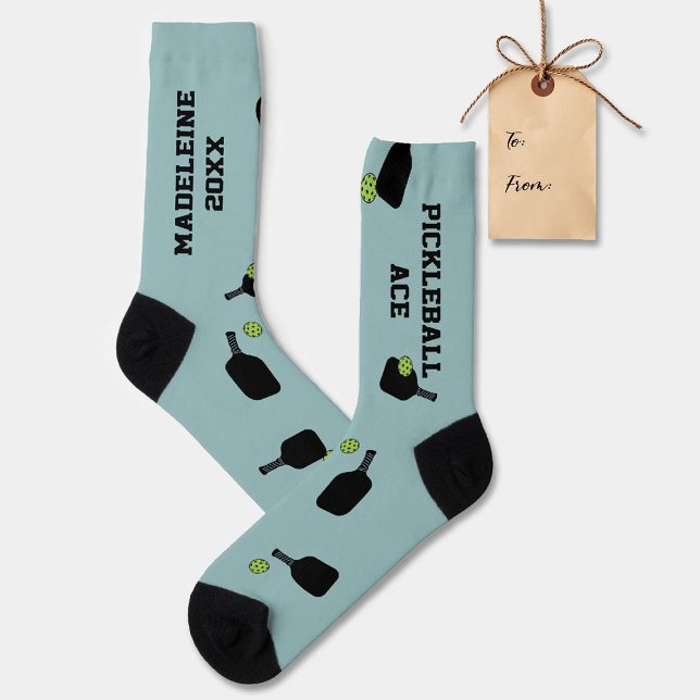 Pickleball Pattern Paddle Ball Teal Personalized Socks (pickleball gift personalized socks paddles ball name text modern teal black)