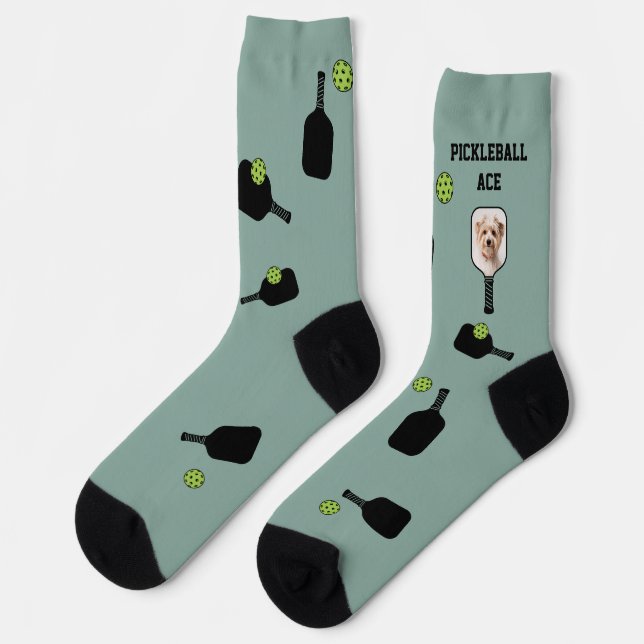 Pickleball Pattern Pet Photo Green Personalized Socks (Left)