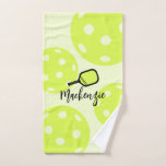 Pickleball Personalized Gear Bright Hand Towel<br><div class="desc">Personalized Pickleball Hand Towel for Sweat printed with custom name or text in a fun and funky feminine script font with a simple pickleball paddle monogram and pickleball ball background in bright yellow green, great gift, party favour, or as matching team gear. Use Zazzle's customization options to create a towel...</div>