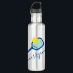 Pickleball Personalized Name on Blue 710 Ml Water Bottle<br><div class="desc">Personalized custom pickleball water bottle with a blue and teal turquoise pickleball paddle and ball monogram and custom name or text in an elegant modern calligraphy script signature monogram font. Great gift for women and girls youth or teen pickleball player with a sleek and subtle girly feminine look and modern...</div>