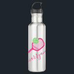 Pickleball Personalized Name Pink 710 Ml Water Bottle<br><div class="desc">Personalized custom pickleball water bottle with a pink and mint green pickleball paddle and ball monogram and custom name or text in an elegant modern calligraphy script signature monogram font. Great gift for women and girls youth or teen pickleball player with a sleek and subtle girly feminine look and modern...</div>