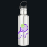 Pickleball Personalized Name Purple 710 Ml Water Bottle<br><div class="desc">Personalized custom pickleball water bottle with purple green pickleball and paddle monogram and custom name or text in an elegant modern calligraphy script signature monogram font. Great gift for women and girls youth or teen pickleball player with a sleek and subtle girly feminine look and modern and minimal design on...</div>