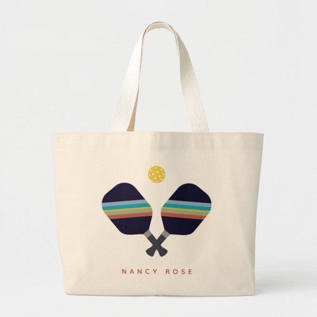 Pickleball Personalized Name Striped Paddles  Large Tote Bag (Front)