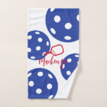Pickleball Personalized Red White Blue Sweat Hand Towel<br><div class="desc">Personalized Pickleball Hand Towel for Sweat printed with custom name or text in a fun and funky feminine script font with a simple pickleball paddle monogram and pickleball ball background in red, white, and blue - a perfect gift, party favour, or as matching team gear. Use Zazzle's customization options to...</div>