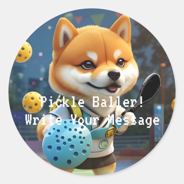 Pickleball Pickle Baller Shiba Inu Classic Round Sticker (Front)