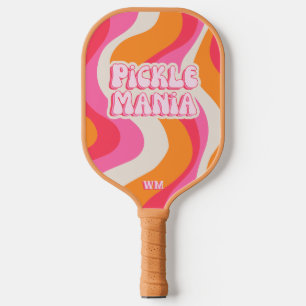 Pickleball Picklemania Retro Waves Text Initials Pickleball Paddle